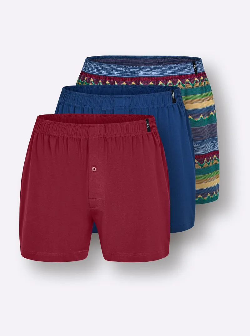 wäschepur men Boxershorts, Jeansblau-bedruckt + dunkelblau + kirsche, – Produktbild 1 von 3