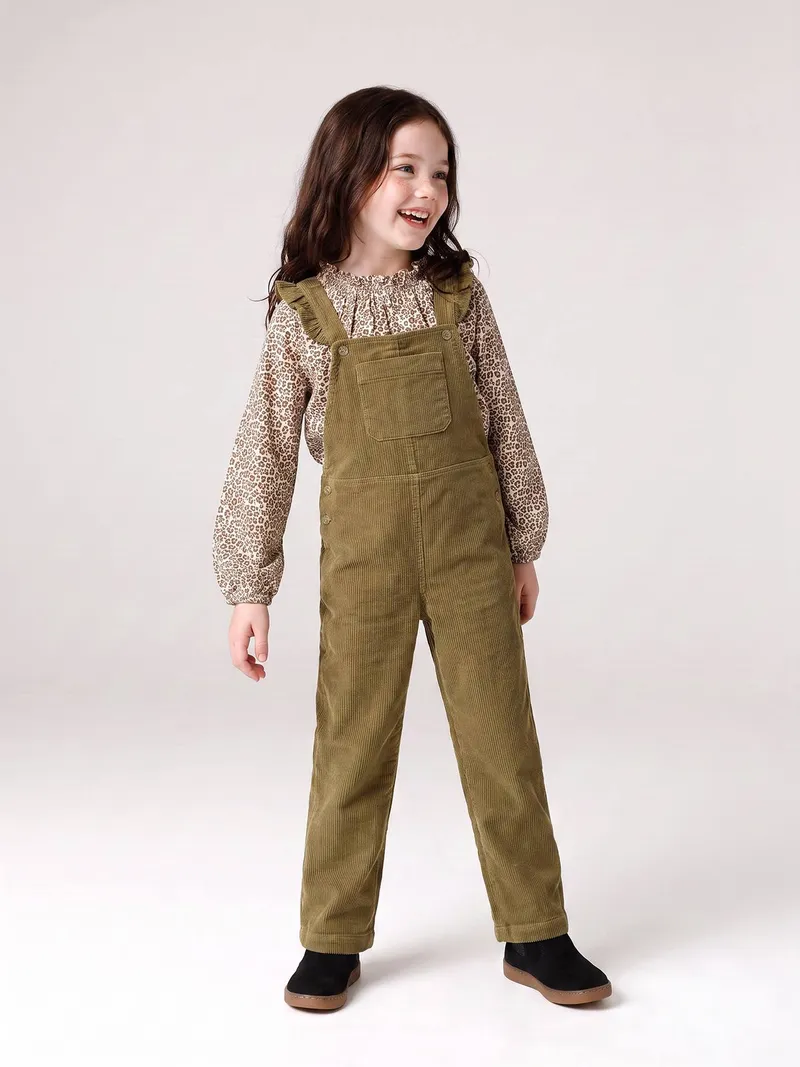 Vertbaudet Vertbaudet Cord-Latzhose mit Volantträgern Mädchen, Olivgrün, – Produktbild 1 von 4