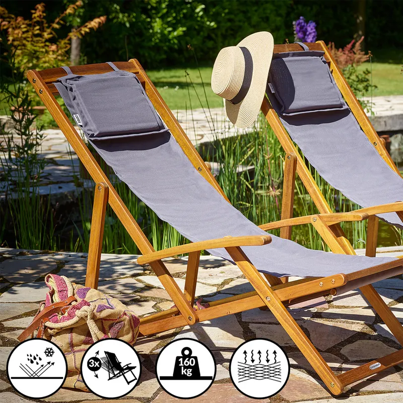 Casaria® Gartenliege Anthrazit Akazienholz 94x60x94cm, Anthrazit, – Produktbild 2 von 2