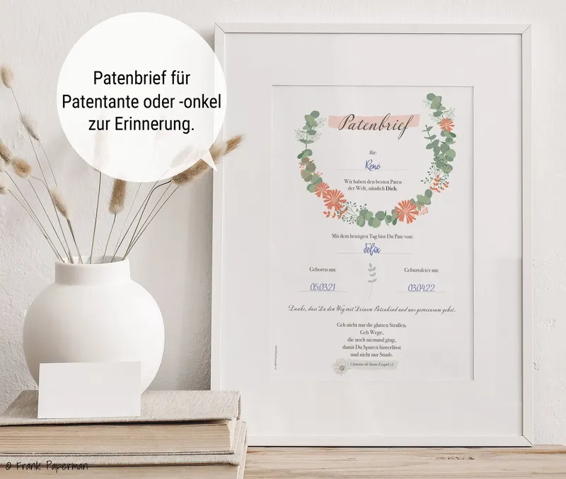 Frank Paperman Taufkarte Patenbrief Taufpaten, Urkunden Set, Paten Patenkind, Taufe floral, 100% Recyclingpapier, Erinnerung Taufe, Geschenk Geburt – Produktbild 3 von 5