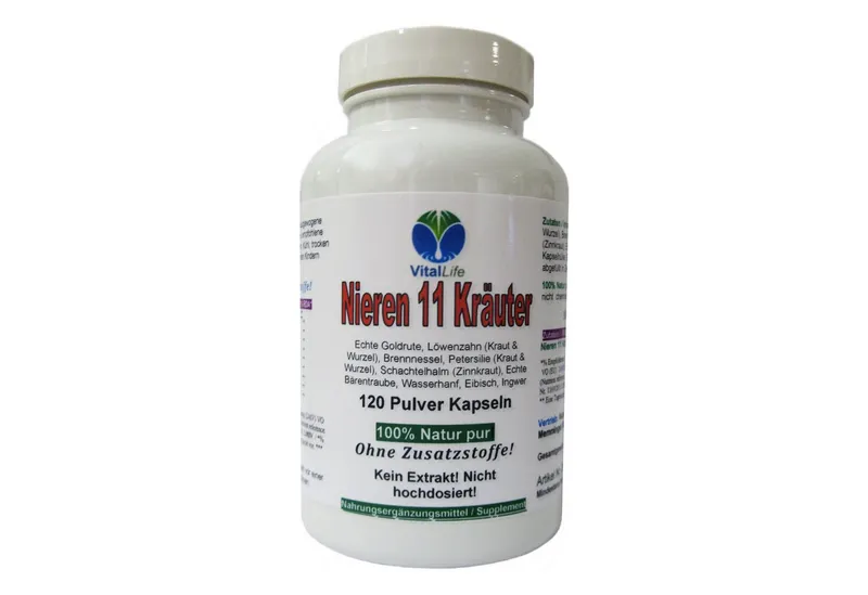 VitalLife Nieren 11 Kräuter Goldrute Eibisch Bärentraube uvm - Ohne Zusatzsoffe Kapseln, 1 er Dose à 120 St., 56 g, Art. 26309 – Produktbild 1 von 5