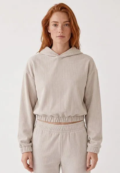 ORGANICATION ORGANICATION Cropped Cord-Hoodie aus Bio-Baumwolle, Sand, – Produktbild 2 von 4