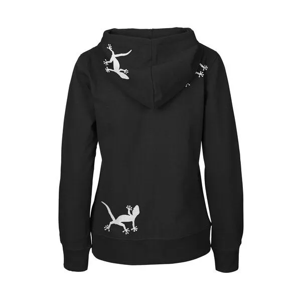 HANDGEDRUCKT HANDGEDRUCKT "Geckos" Frauen Zip-HOODY aus reiner Biobaumwolle (kbA), Black, – Produktbild 1 von 4