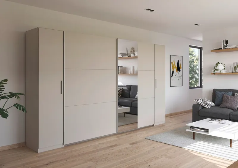 Rauch Rauch Schwebetürenschrank Kleiderschrank Drehtürenschrank Schrank Garderobe KRONACH (in 3 Ausstattungen BASIC/CLASSIC/PREMIUM, Breiten 225/268/311/354 cm) Kombischrank optional mit 1 oder 2 Spiegel viele Böden MADE IN GERMANY, Beige, – Produktbild 7 von 8