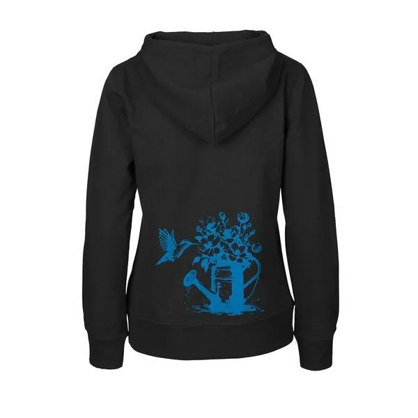 HANDGEDRUCKT HANDGEDRUCKT "Gartenfreude" Frauen Zip-HOODY aus reiner Biobaumwolle (kbA), Black, – Produktbild 1 von 4