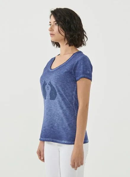 ORGANICATION ORGANICATION Cold Pigment Dyed T-shirt aus Bio-Baumwolle mit Katzen-Print, Indigo, – Produktbild 3 von 4