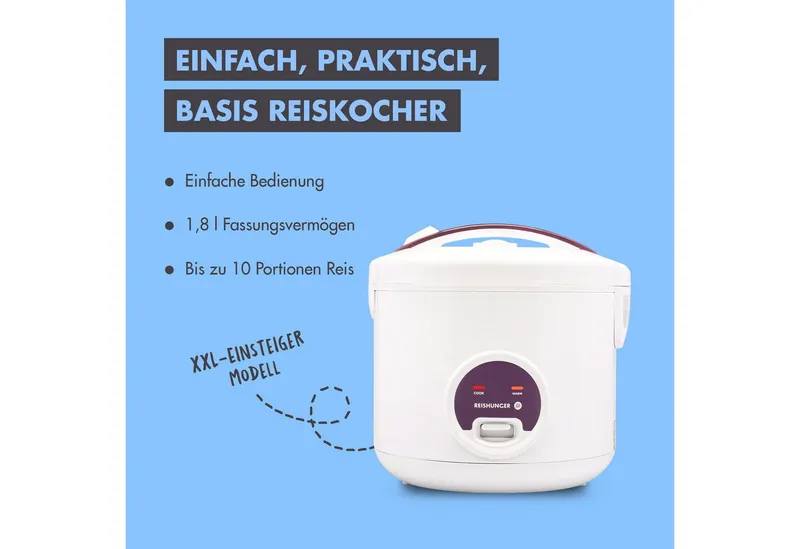 Reishunger Reishunger Reiskocher Groß – 1,8 L – mit Keramikbeschichtung – bis zu 10 Portionen, 700,00 W, Mit Dampfgarfunktion & Warmhaltefunktion, Weiß, – Produktbild 2 von 5