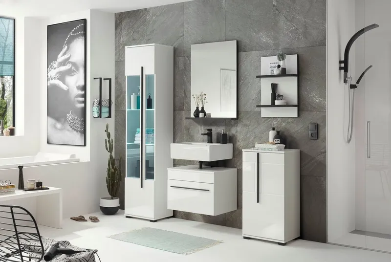 Home affaire Waschbeckenunterschrank Cantara, Badschrank in Hochglanz Weiß, Waschtisch mit schwarzem Griff, ausreichend Stauraum, Weiß, – Produktbild 5 von 5