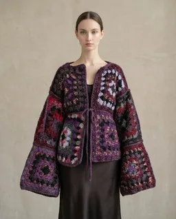 KnitToChange KnitToChange Gehäkelte Granny-Square-Strickjacke in Violett- und Rottönen – Produktbild 1 von 1