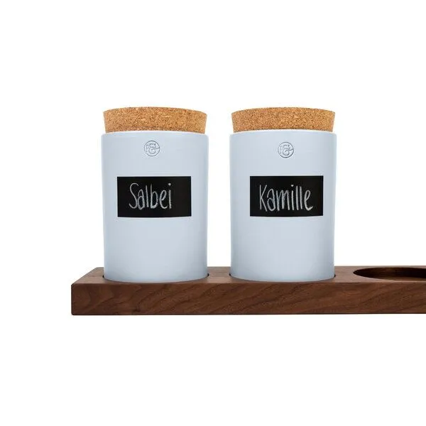 klotzaufklotz klotzaufklotz Vorratsdosenregal Nussbaum, Taubenblaue dosen, – Produktbild 1 von 5