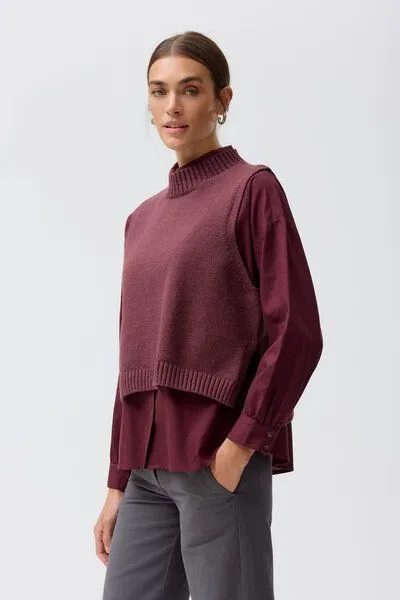 People Wear Organic People Wear Organic Boucléstrick Pullunder, rot uni, Burgunder, – Produktbild 2 von 3