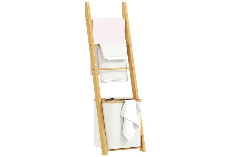 HOMCOM HOMCOM Badregal Handtuchhalter Handtuchständer mit 48L-Wäschekorb, Handtuchleiter, 2-in-1 Badezimmerregal 1-tlg., aus Bambus für Wohnzimmer, Badezimmer, Cremeweiß, 43 x 35 x 133 cm, Weiß, – Produktbild 2 von 5
