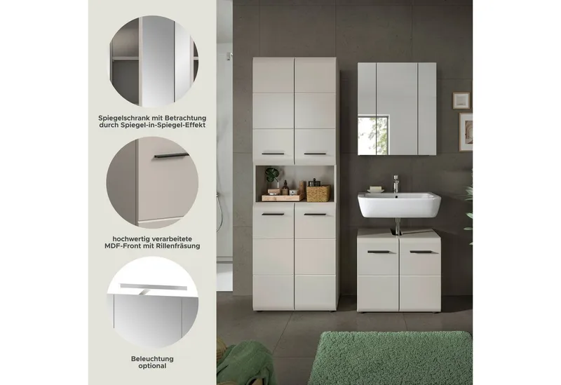 welltime Badmöbel-Set FLORENZ, 3-teilige Badkombination, hochwertige MDF-Front, (Set, 3-St., best. aus: 1 Hochschrank, 1Waschbeckenunterschrank, 1 Spiegelschrank), Bad-Kombination, Bad-Möbel, Badezimmer, Kombination, Kombi, Beige, – Produktbild 1 von 4