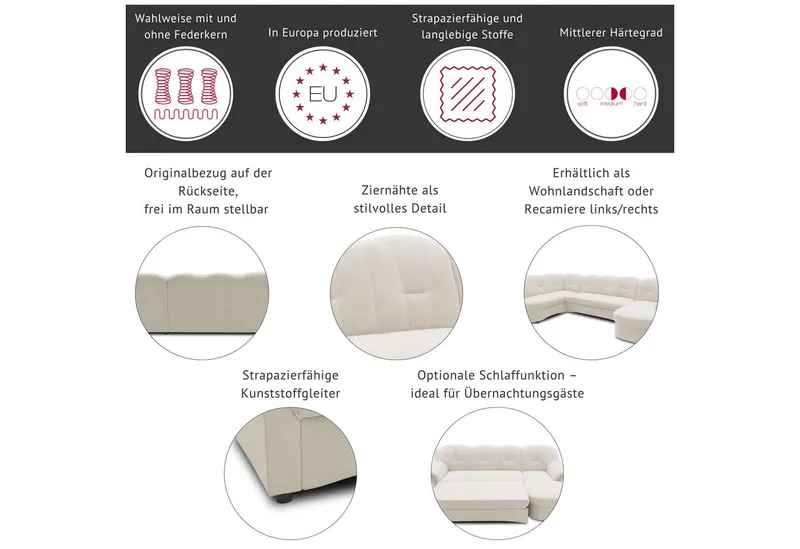 DOMO collection Ecksofa FLORES Schlafsofa, 233x142x86 cm, L-Form, whlw. mit Bettfunktion, whlw. mit Federkern, Grau, – Produktbild 1 von 8