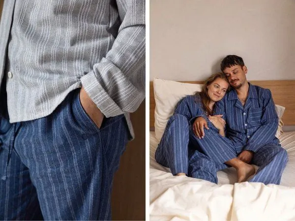 Yumeko Pyjamahose Herren "Yumeko" aus Velvet Flanell, Denim blue/white stripe, – Produktbild 1 von 2