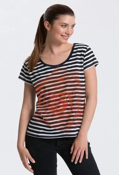 Peaces.bio - handbedruckte Biomode Peaces.bio - handbedruckte Biomode Bio-Damen-Loosefit-T-Shirt Rose, Stripes, – Produktbild 2 von 2