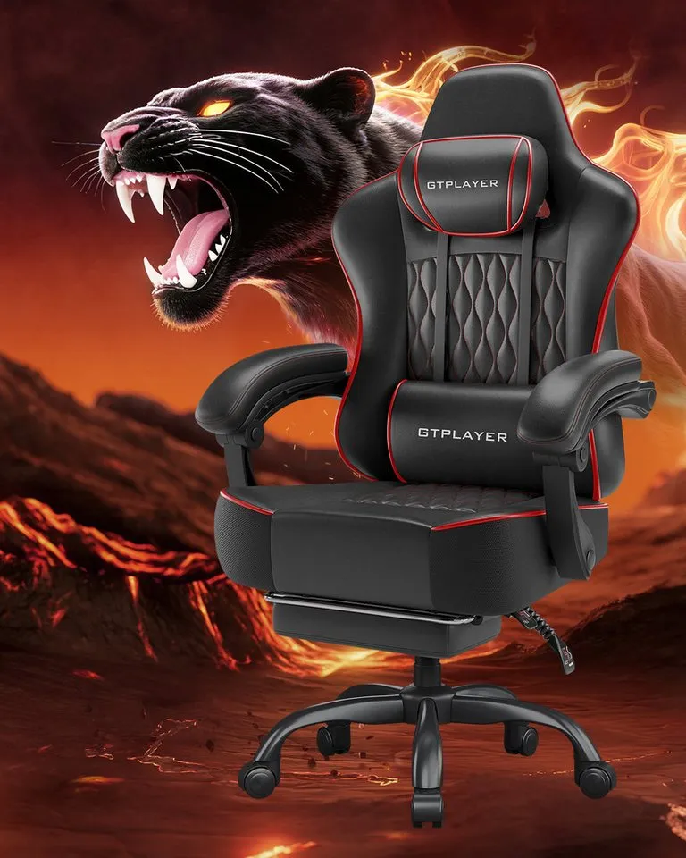 GTPLAYER Gaming-Stuhl Bürostuhl, Ergonomischer Pc Stuhl, Höhenverstellbarer Drehstuhl, mit Synchronmechanik und extradicker Sitzfläche, Rot|schwarz, – Produktbild 2 von 5