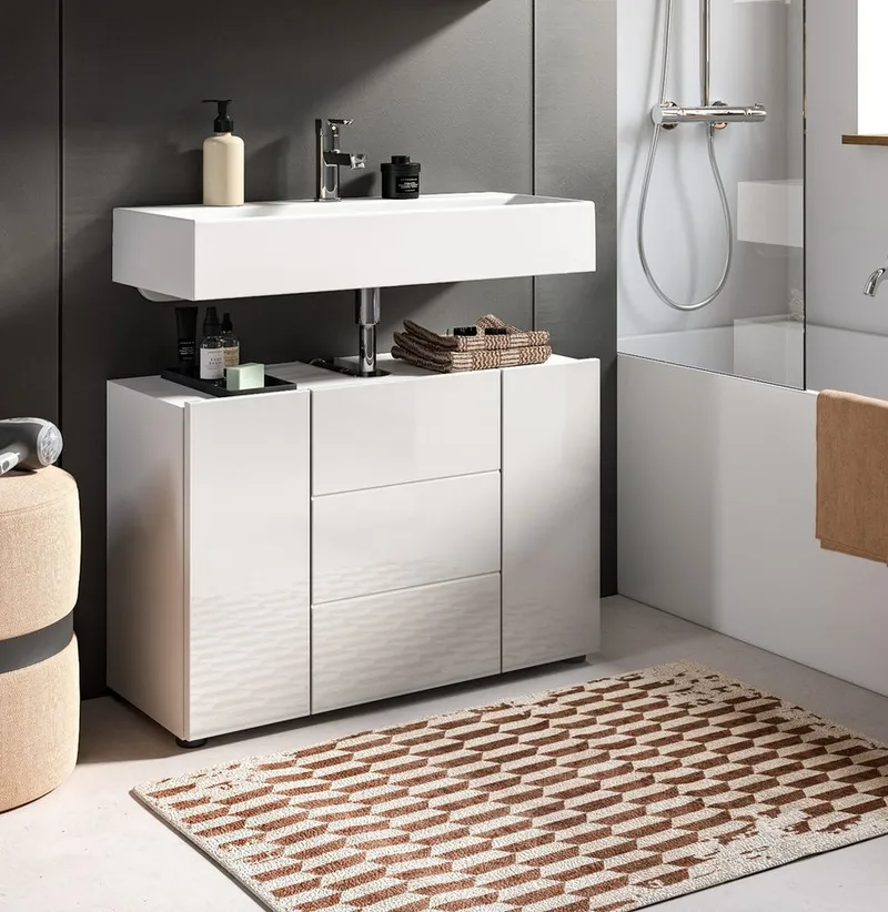 Inn.Furn Waschbeckenunterschrank Larik (Badschrank in Weiß Hochglanz, Breite 80 cm) mit 4 Fächern, Weiß, – Produktbild 3 von 5