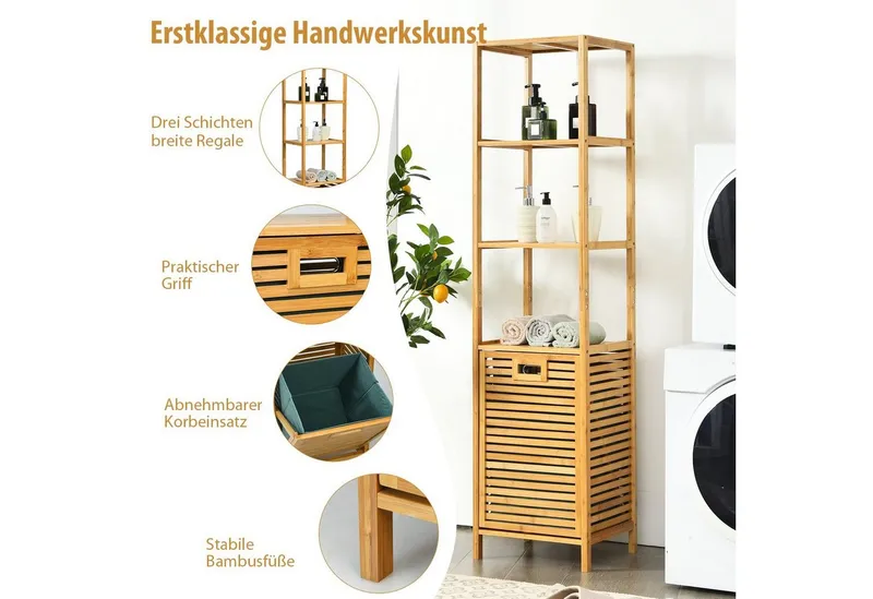 COSTWAY COSTWAY Hochschrank Badregal Bambus mit Wäschesammler 40x33x160cm, Beige, – Produktbild 4 von 5