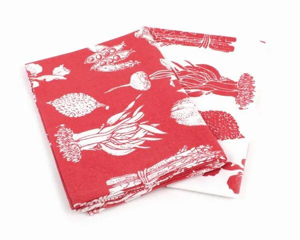 El Puente El Puente Geschirrtücher "Veggi", 2er-Set | Fair Trade & Handmade aus Indien, Weiß,rot, – Produktbild 1 von 3