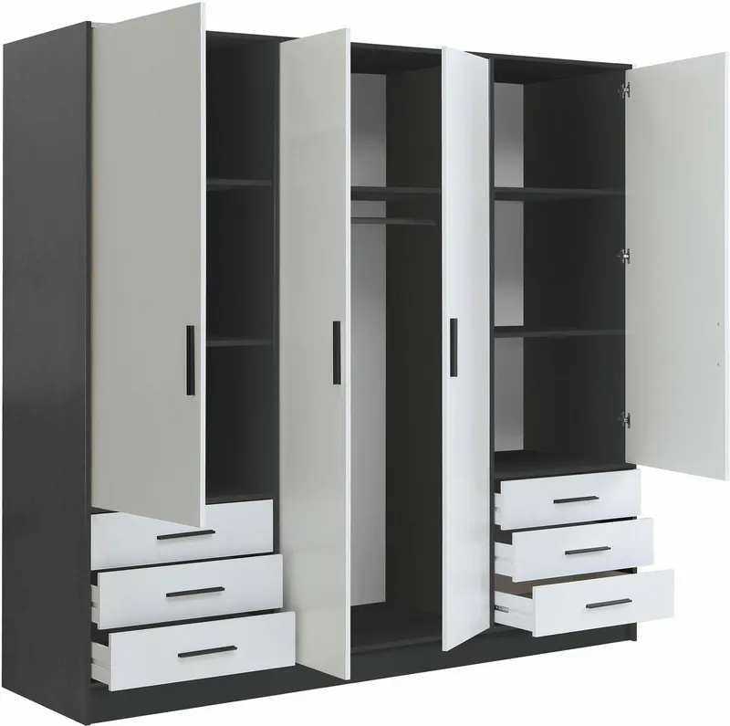 FORTE Kleiderschrank Jupiter, Made in Europe, mit 6 Schubladen, Stauraum (Maße B/H/T ca. 207/200 cm/60) Stauraum, 2 Breiten, 4 Farben, Schubladen, variable Einlegeböden, Schwarz|weiß, – Produktbild 1 von 5