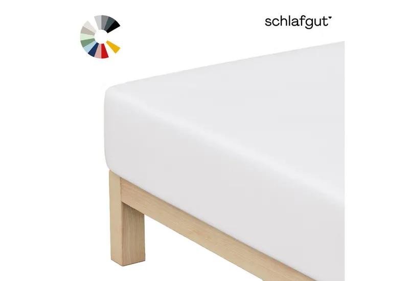 Schlafgut Schlafgut Spannbettlaken Basic Cotton Bettlaken, 160 g/m², 100% Baumwolle, Spannbetttuch, Jersey, Gummizug: rundum, (1 Stück), Spannbettlaken bis 20 cm Matratzenhöhe, bügelfrei und pflegeleicht, Weiß, – Produktbild 1 von 5