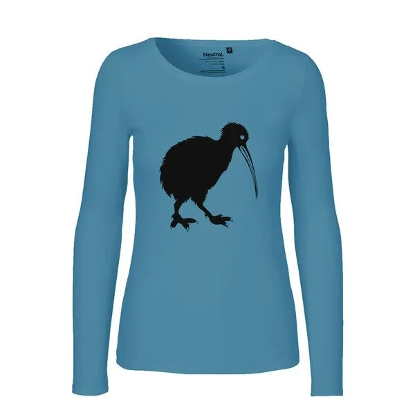 HANDGEDRUCKT HANDGEDRUCKT "Kiwi" Frauen Longsleeve aus reiner Biobaumwolle (kbA), Dusty indigo, – Produktbild 1 von 3