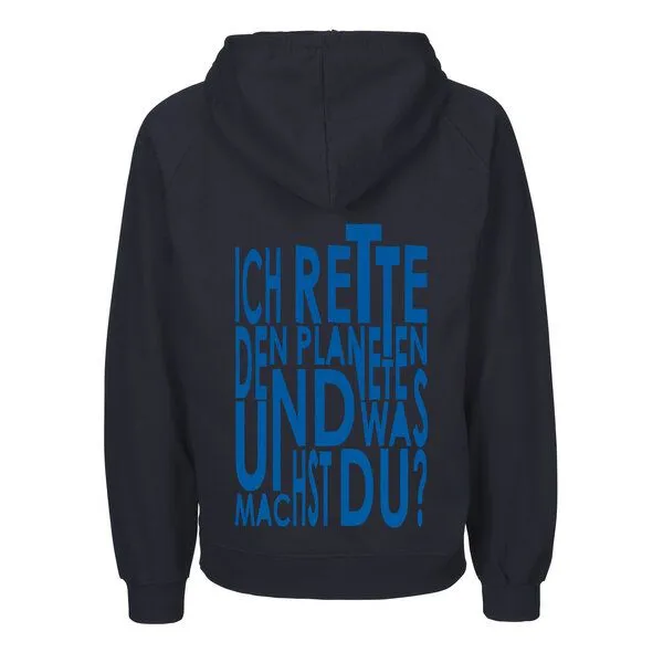 HANDGEDRUCKT HANDGEDRUCKT "Weltretten" Männer Hoody aus reiner Biobaumwolle (kbA), Navy, – Produktbild 1 von 2