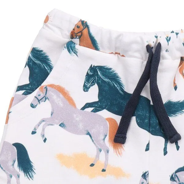 Walkiddy Walkiddy Kinder Shorts GOTS-zertifiziert aus Bio-Baumwolle, Happy Horses, weiß mit buntem Pferde-Print, elastischer Bund & Kordelzug, Blau, – Produktbild 2 von 3