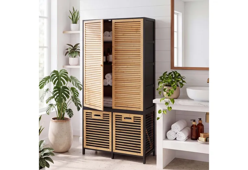 MCW Hochschrank MCW-N83-T Mit Ablagefächern und zwei Wäschekörben, Schwarz, – Produktbild 1 von 4