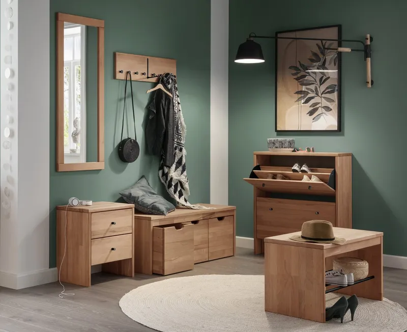 Home affaire Schuhbank Dura Schuhbank incl. Schubladen funktionell und stabil, Massivholz, Skandinavisches Design, Robust, stabil, FSC zertifiziert, Beige, – Produktbild 1 von 8