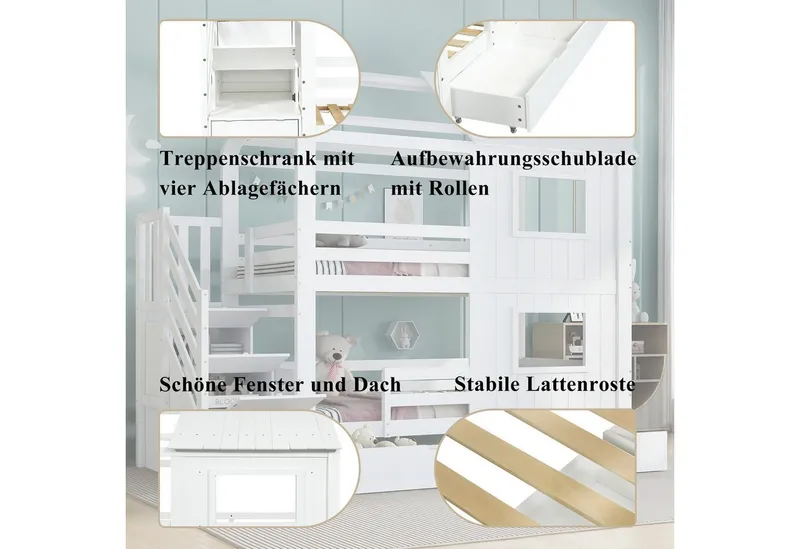 Merax Etagenbett 90x200cm mit Dach und Fenstern (1-St., Stockbett Jugendbett Doppelbett Hausbett), Kinderbett mit Treppenschrank, Ablagefächern & Aufbewahrungsschublade, Weiß, – Produktbild 4 von 4