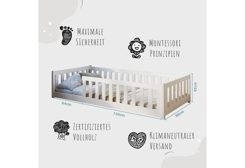 Kids Collective Kinderbett Bodenbett Bett mit Rausfallschutz & Lattenrost Montessori Bett Kinder (Jungen, Mädchen, Kinder, weitere Größen 80x160, 80x180, 90x190, 120x200, 140x200 cm), Jugendbett Gitterbett Einzelbett, weiß Kiefer 90 x 200 cm, Weiß, – Produktbild 3 von 5