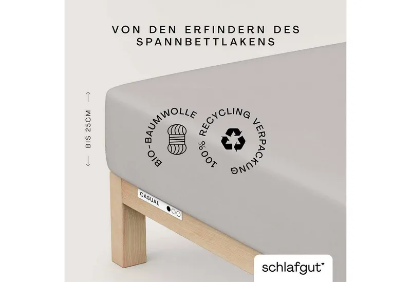 Schlafgut Schlafgut Spannbettlaken CASUAL Bettlaken 100% gekämmte Bio-Baumwolle, 150 g/m², Spannbetttuch, Jersey, Gummizug: rundum, (1 Stück), Bettlaken bis 25 cm Höhe, langlebig, weich, Antipilling-Ausrüstung, Grau, – Produktbild 2 von 5