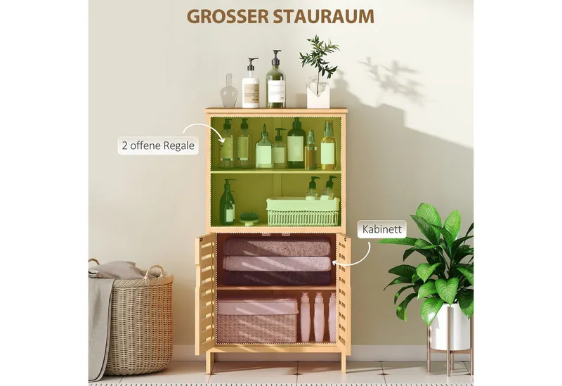 kleankin kleankin Badkommode Beistellschrank, Mehrzweckschrank mit Kippschutz, Landhausstil (Badschrank, 1 St., Badezimmerschrank), Naturholz, 50 x 29 x 92 cm, Beige, – Produktbild 4 von 5