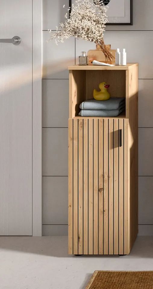 Inn.Furn Badkommode Livia (Badschrank in Eiche Artisan mit Leistenoptik, 30 x 95 cm), Türanschlag wechselbar, Braun, – Produktbild 5 von 5
