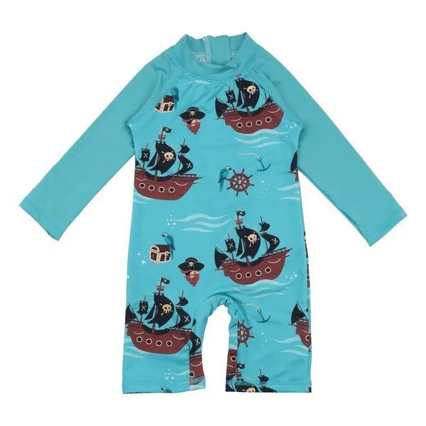 Walkiddy Kinder UV-Badeanzug GOTS zertifiziert Bio-Baumwolle Dunkelblau „Pirate Ships“ langarm bequem – Walkiddy – Produktbild 1 von 2