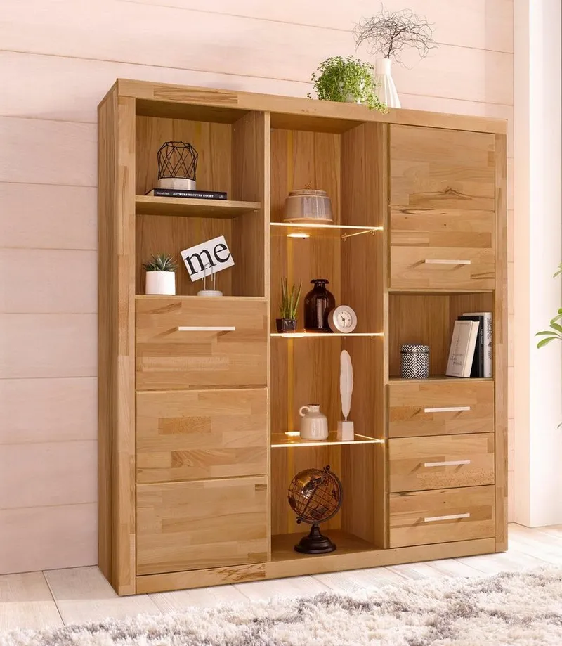OTTO home Highboard Ribe,130cm breit145cm hoch,Fronten Massivholz,12 Fächer, Korpus aus Holzwerkstoff, Metall Griffe,Böden versetzbar, Braun, – Produktbild 2 von 4