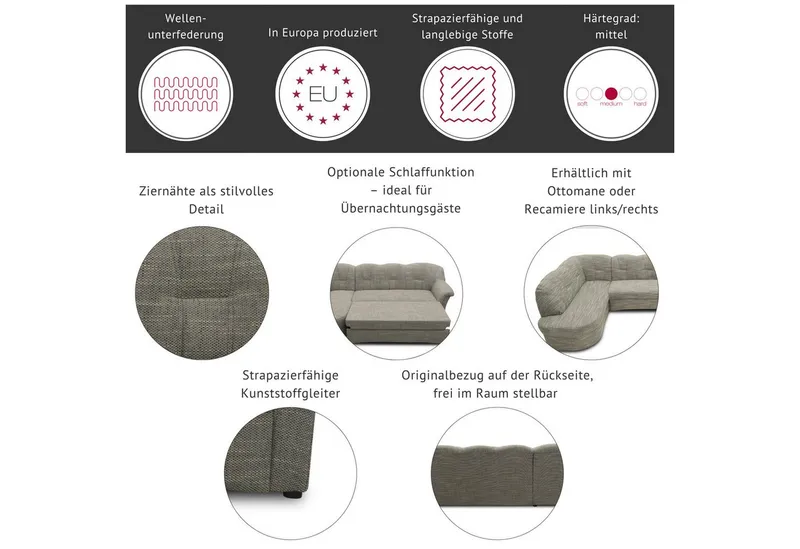 DOMO collection Ecksofa Papenburg, zeitlose Rückensteppung, elegante Armlehne, L-Form, mit Ottomane, wahlweise mit Bettfunktion, OTTOs Choice, Beige, – Produktbild 1 von 8