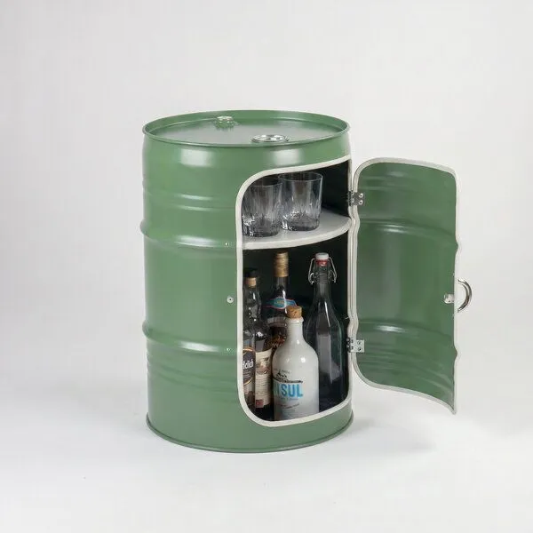 Lockengelöt Lockengelöt Minibar mit Tür aus einem kleinen Ölfass, Resedagrün, – Produktbild 4 von 4