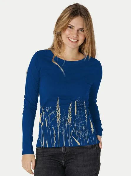 Peaces.bio - handbedruckte Biomode Peaces.bio - handbedruckte Biomode Bio-Damen-Langarmshirt Gräservielfalt, Koenigsblau, – Produktbild 1 von 2