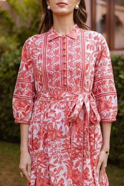 Haus of Namaste Haus of Namaste Handbedrucktes Midikleid aus Bio-Baumwolle mit Wellenmuster und Blumen-Print | Kleid mit Gürtel | Ethisch, nachhaltig und fair, Ocean blue, – Produktbild 4 von 4