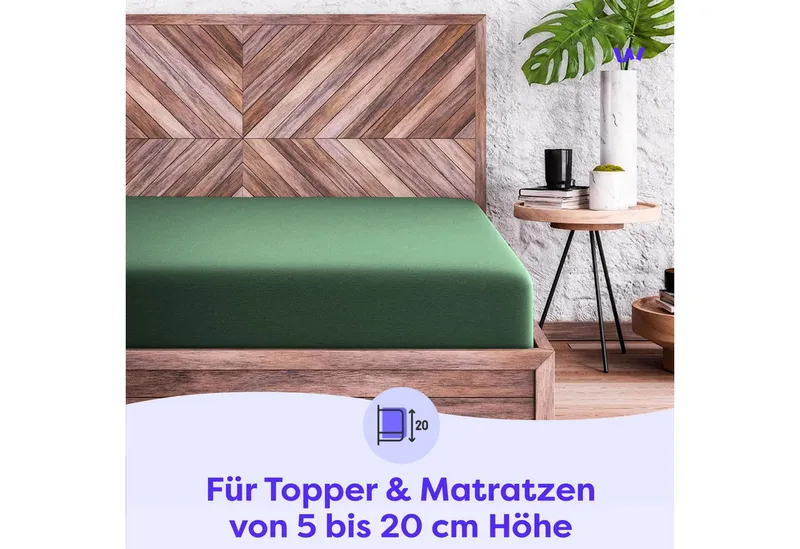Wolkenfeld Spannbettlaken 100% Baumwolle - Superweiches Bettlaken für Matratzen von 5 bis 20cm, Jersey, Gummizug: rundum, (1 Stück), Rutschfest & Blickdicht - 90x200, 140x200, 160x200, 180x200 200x200, Grün, – Produktbild 5 von 5