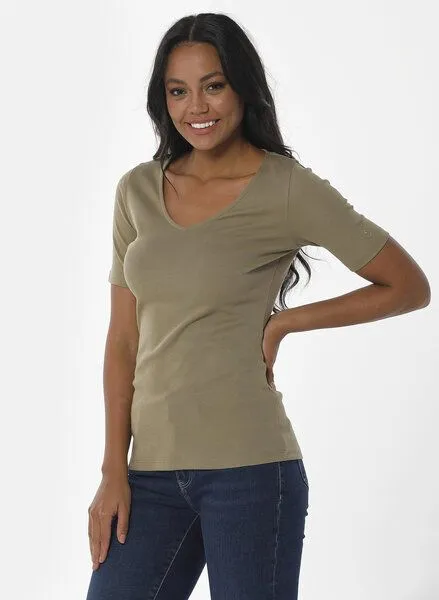 ORGANICATION ORGANICATION Geripptes T-Shirt aus Bio-Baumwolle mit V-Ausschnitt, Grün(olive), – Produktbild 1 von 4