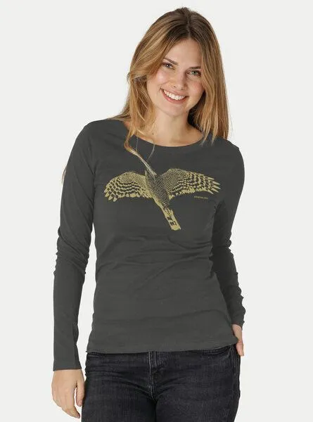 Peaces.bio - handbedruckte Biomode Peaces.bio - handbedruckte Biomode Bio-Damen-Langarmshirt Sperber, Graphitgrau, – Produktbild 1 von 3
