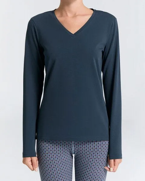 Leela Cotton Leela Cotton Damen V-Neck Shirt Bio Baumwolle Elasthan, Navy, – Produktbild 1 von 3