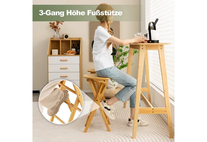COSTWAY COSTWAY Barhocker Bambus, Sitzhocker klappbar (2 Set), ohne Lehne, Sitzhöhe 61cm, 150kg, Beige, – Produktbild 3 von 5