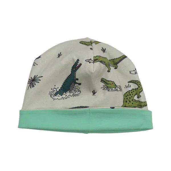 Walkiddy Kleinkinder Beanie GOTS zertifiziert, Bio-Baumwolle, grau, Krokodil-Print, weich & elastisch – Walkiddy, Blau, – Produktbild 2 von 3