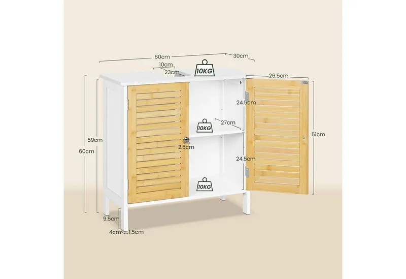 EUGAD Waschbeckenunterschrank (1-St) Unterschrank aus Bambus, 60x60x30 cm, Weiß, – Produktbild 3 von 5