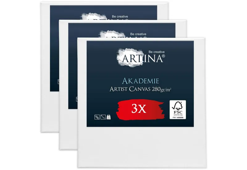 Artina Keilrahmen Akademie Leinwand, 20x20cm, Weiß, 3er Set, FSC, 100% Baumwolle, Canvas, 280 g/m², vorgrundiert, Galerieheftung & gefaltet, Weiß, – Produktbild 1 von 5